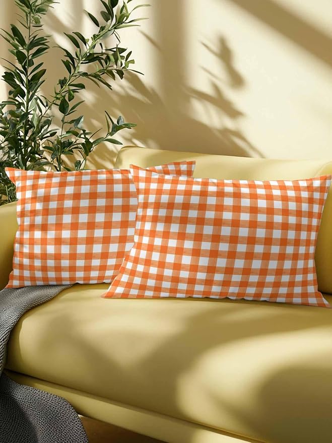 Outdoor Waterproof Throw Pillows Orange Buffalo Plaid Patio Pillows Pack of 2,Decorative Pillow Covers with Insert,Pillow Cushion Case for Garden Couch Sofa Classic Gingham Check Watercolor