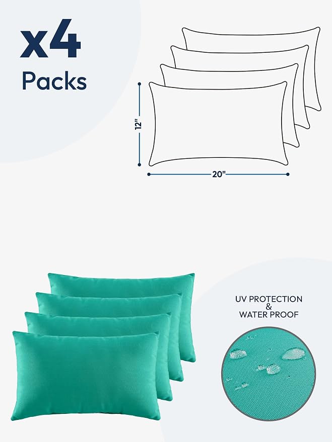 Indoor Outdoor Lumbar Pillows,Waterproof Outdoor Pillows Set of 4 for Patio Furniture,12×20 Inch, Teal