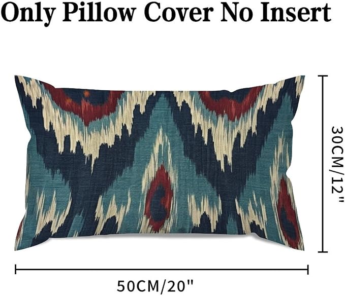 Zipped Pillow Cases for Home Decor Blue Green Red Cream Ikat Pattern Throw Pillow Cover Set of 2 Farmhouse Cushion Cover Cases for Living Room Club Home Decor 12x20in