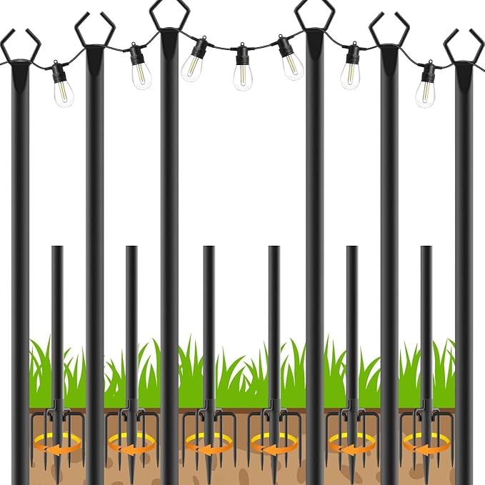 LETIANPAI 10Ft String Light Poles 6 Pack,Light Poles for Outside Lights,Outdoor with Fence Brackets Hanging Lights,Metal Stand Deck Patio Backyard