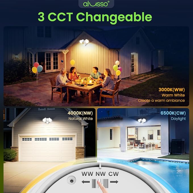 ALUSSO Motion Sensor Outdoor Lights, 30W 3500LM Flood Lights Outdoor 120V, 3 Modes (Dusk to Dawn/Auto/On Time), 3CCT 3000K/4000K/6500K Waterproof Hardwired ETL Listed, Porch Flood Light, White 1PC