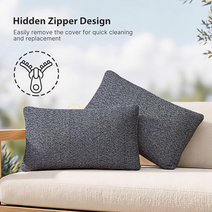 Outdoor Lumbar Pillow Set of 2 with Inserts, Outdoor Throw Pillow Water Resistant for Patio Furniture, 12x20 Inch Outdoor Pillows with Removable Zipper Cover