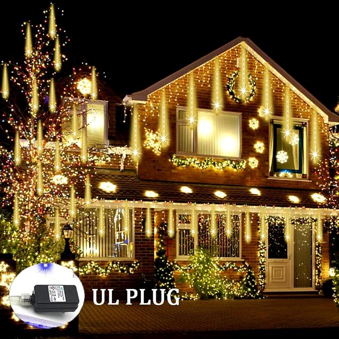 Weepong Christmas Lights Outdoor Falling Rain Meteor Shower Lights 12 inch 8 Tube 192 LED Snowfall Icicle Cascading String Light for Xmas Tree Christmas Decorations Holiday Garden, UL Plug,Warm White