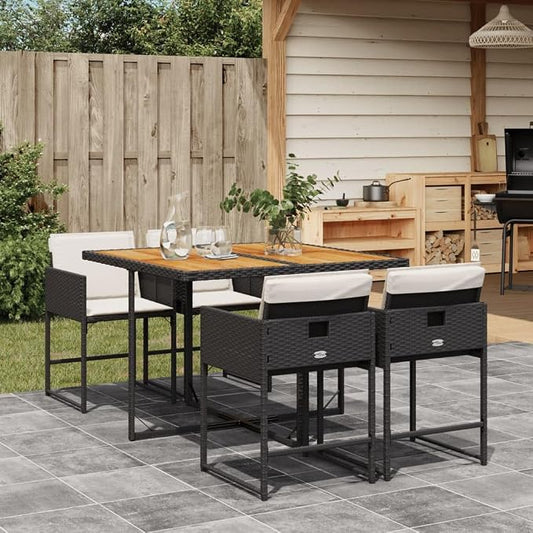 5 Piece Patio Dining Set with Cushions Black Poly Rattan Outdoor Furniture Foldable Chairs Acacia Wood Table for Garden Backyard Deck Relaxation UV-Proof Space-Saving