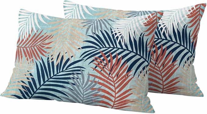 Outdoor Waterproof Throw Pillow Covers, Red Blue Teal Palm Leaves Decorative Pillow Cases, Summer Botanical Tropical Leaf Couch Pillow Protector Patio Sofa Cushion Covers Replacement 20"x12" 2 Pack
