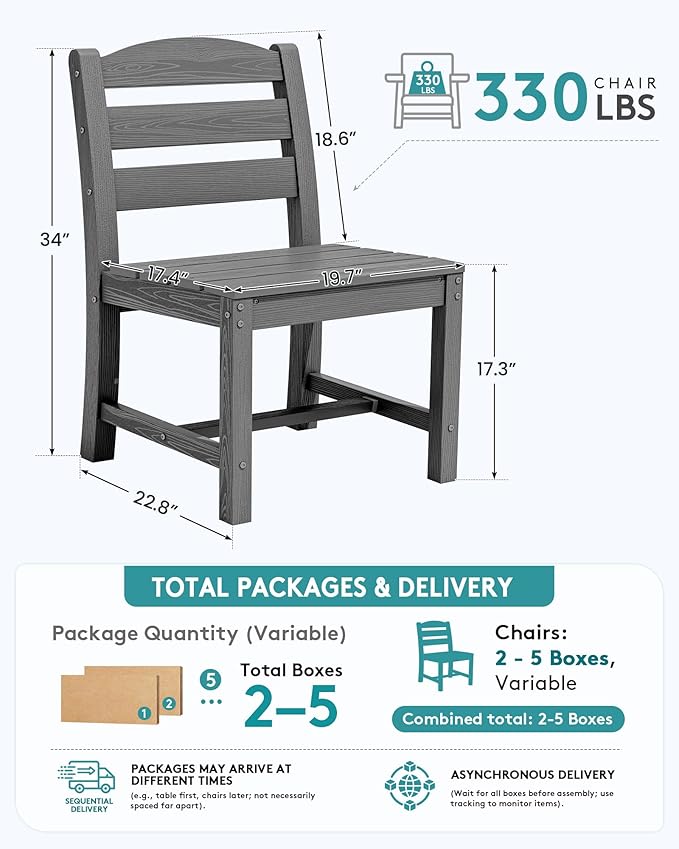 SERWALL Outdoor Armless Dining Chairs Set of 2, All-Weather HDPE Patio Chair with 19.7" Widened Seat, for Backyard, Garden, Gray