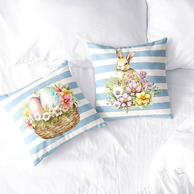 Spring Blue and White Stripes Easter Pillow Covers 24x24 Pack of 2 Egg Cute Rabbit Lovely Flowers Pillows Cases Holiday Warm Home Decor for Indoor Sofa Couch