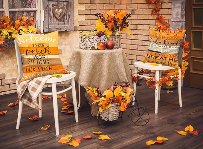 Welcome to Our Porch Fall Outdoor Pillow Covers 18x18 Inch Set of 2 Waterproof Tiered Wood Texture Quotes Throw Pillow Covers for Patio Furniture Fall Decor
