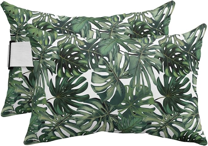 Green Palm Leaves Outdoor Chaise Lounge Head Pillow with Insert, Summer Tropical Leaf Vintage Waterproof Headrest Lumbar Pillow Cusion Cover with Elastic Strap for Patio Beach Recliner, 12"x20" 2PCS