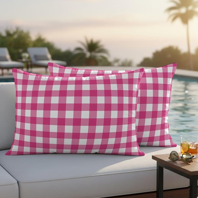 Hot Pink Checks Outdoor Pillow Covers 20"x12" Set of 2, Gingham Plaid Abstract Modern Minimalist Waterproof Throw Pillow Covers for Patio Furniture, Decorative Cushion Covers for Porch