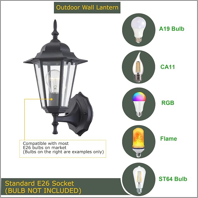 WISBEAM Outdoor Wall Lantern, Black Wall Sconce for House Porch Lighting Fixture, E26 Base 60W Max, Metal Housing Plus Glass, Wet Location Rated, ETL Qualified, Bulbs not Included