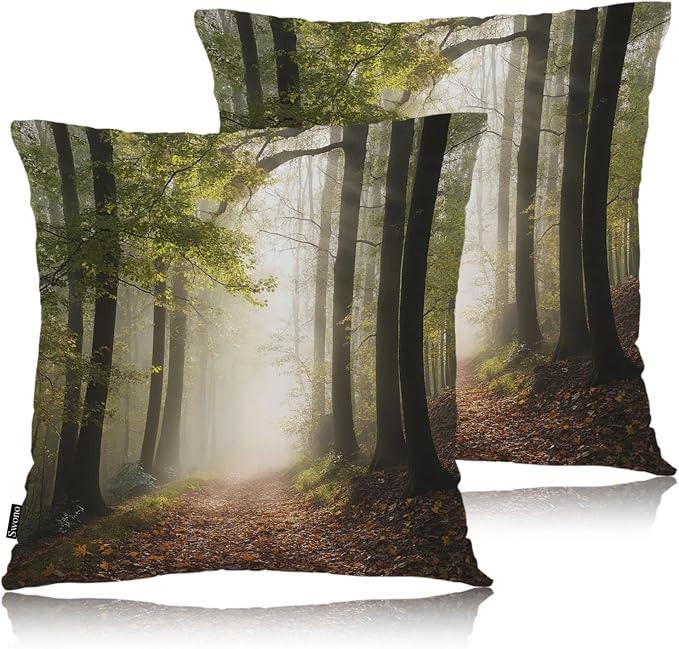 Swono Autumn Forest Decorative Throw Pillow Case 18" X 18", Misty Tree Woodland Mountain Standard Pillow Covers, Set of 2 Throw Pillowcase Cushion Covers for Couch Chair Bedroom Sofa Car Seats