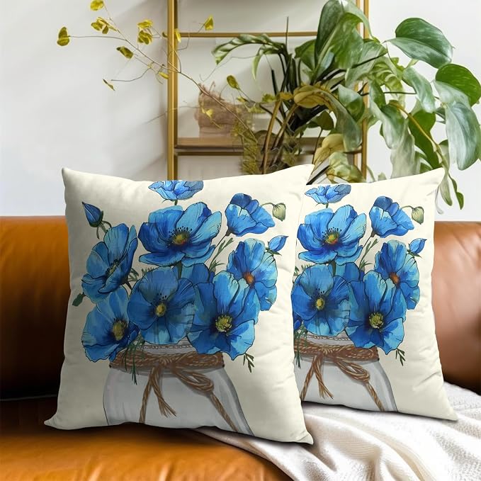 Blue Poppy Flower Pillow Covers 16 x 16 Inches Set of 2,Watercolor Floral Jar Spring Summer Decor Pillowcase Square Cushion Cover for Home Living Room Bed Sofa Car