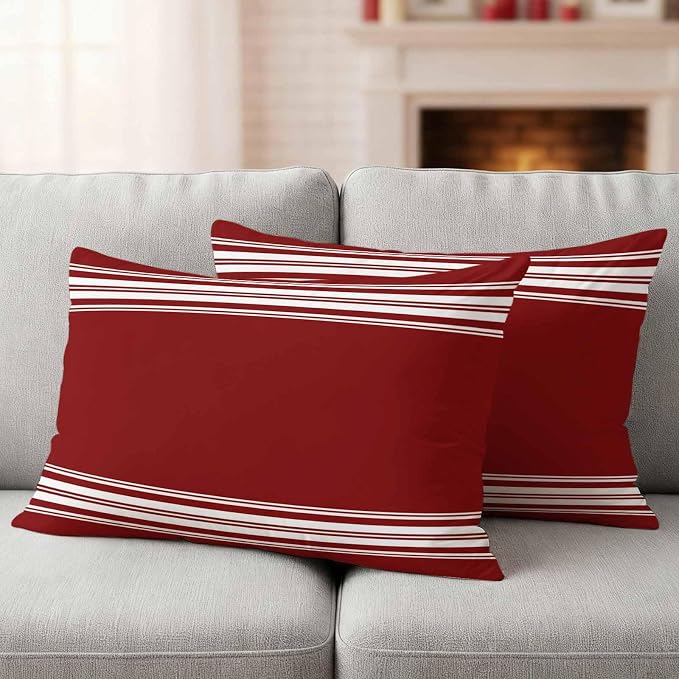Outdoor Pillow Covers 12x20 Set of 2 Burgundy Red Stripe Outdoor Pillows Waterproof Throw Pillow Covers French Stripe Farmhouse Style Pillowcases Decorative Case for Patio Cushion