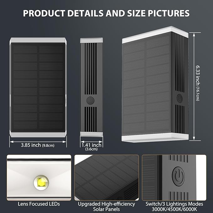 Solar Wall Light Outdoor , 3000/4000/6000K 3 Modes Dusk to Dawn Lighting Wall Sconce IP67 Waterproof Up and Down Solar Lights Outdoor Front Door Light for House, Garage, Porch, Doorway,Fence (1 PACK)