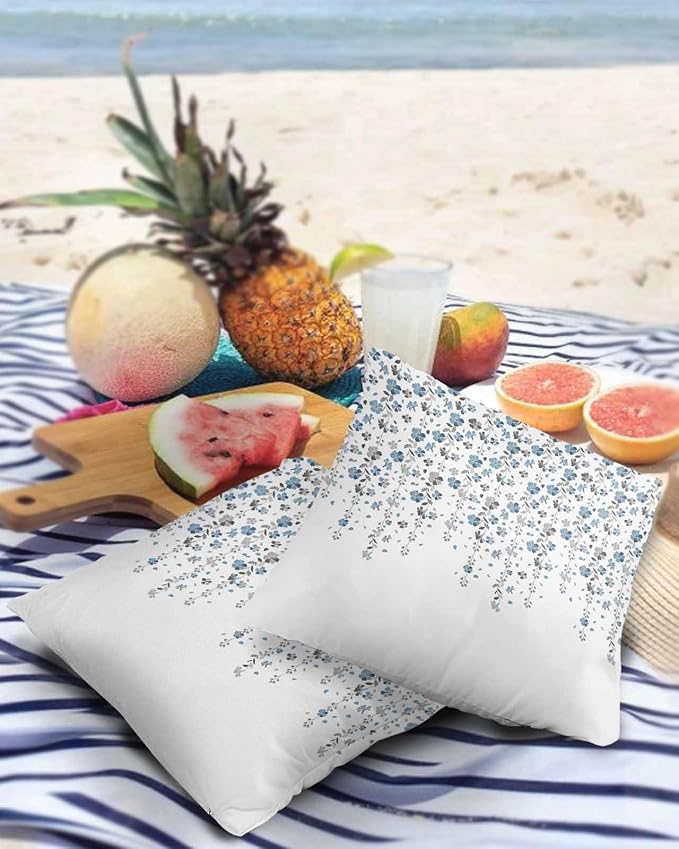 Floral Outdoor Pillow Covers Pack of 2, Blue and Grey Flowers Waterproof Pillow Covers Seasonal Spring Summer Throw Pillowcase for Patio Funiture Garden Tent, 16 x 16 inch