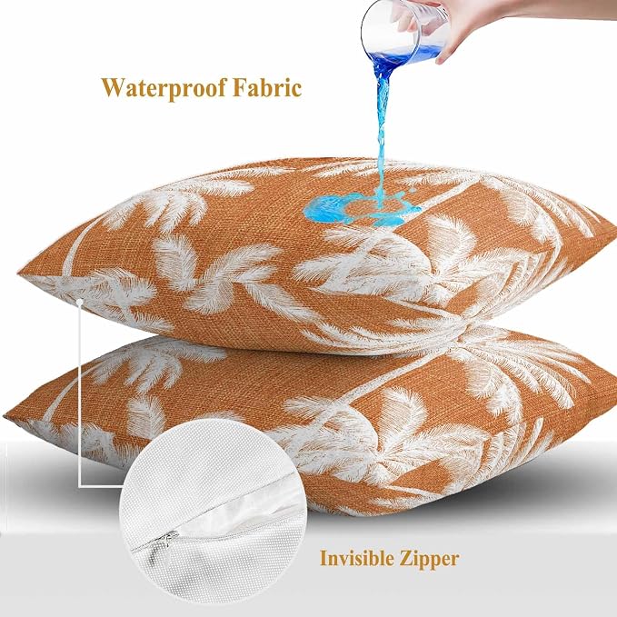 Outdoor Pillow Covers 24x24 Inch Set of 2, Burnt Orange Palm Trees Waterproof Throw Pillow Covers, Farmhouse Tropical Summer Beach Decorative Cushion Pillowcases for Couch, Sofa, Bed, Garden, Patio