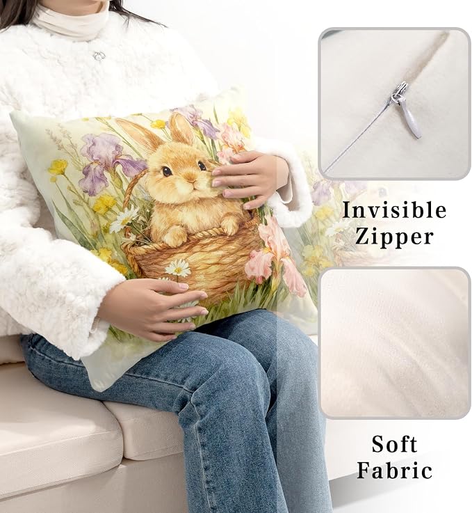 Easter Throw Pillow Covers Watercolor Lovely Bunny Pillow Covers 18x18 Spring Rabbit with Iris Daisy Floral Pillow Cases Happy Easter Farmhouse Cushion Cases for Home Sofa 2 Pack