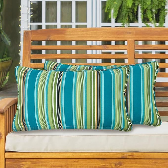 Lumbar Pillow with Insert, Set of 2, Outdoor Indoor Waterproof Decorative Patio Lumbar Pillow 12x20 Inch, Rectangular Cushion for Couch Sofa Garden Farmhouse Decoration-Green Stripe