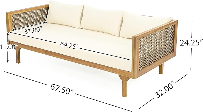 Merax Outdoor 4-Piece Acacia Wood Conversation Set - Patio 3-Seat Loveseat Sofa Daybed with Cushion, 2 Armchair and Round Coffee Table for Backyard, Lawn, Balcony, Beige + Teak