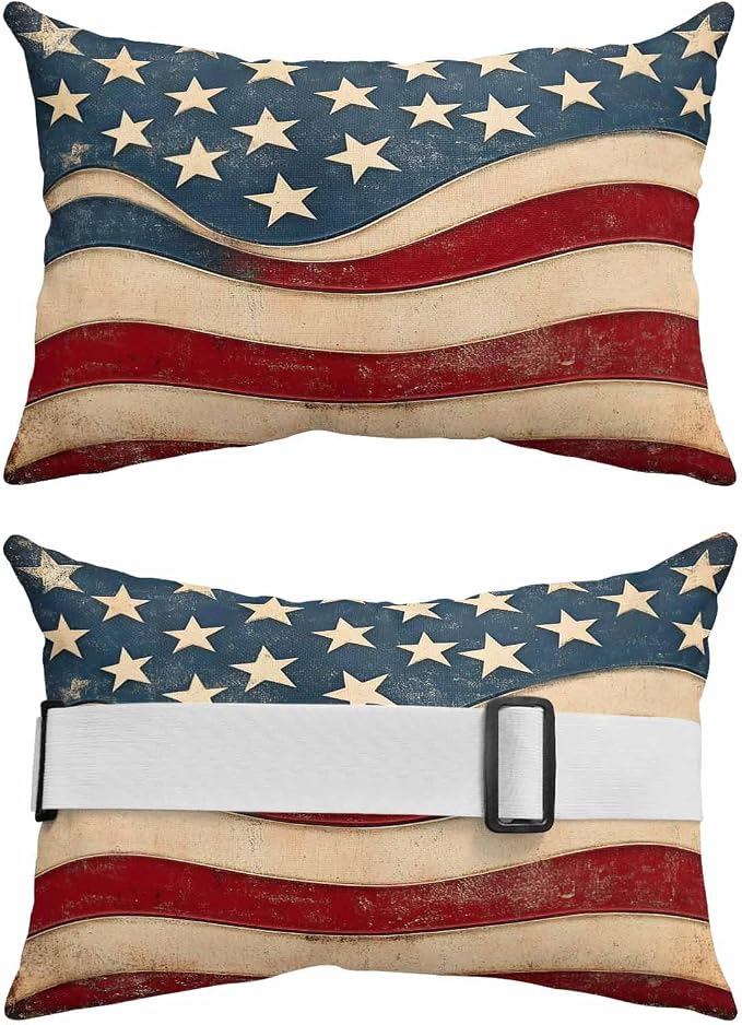 Pack of 2 Outdoor Lumbar Pillow Covers 12x20 Inch, Vintage American Flag Waterproof Throw Pillow Covers Set, Blue Red White Star US Flag Indoor&Outdoor Decorative Cushion Cases for Patio Porch Beach