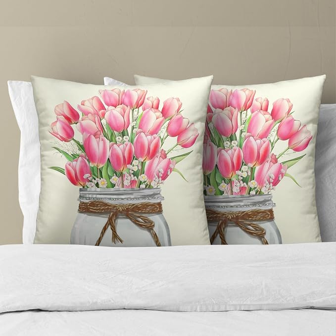 Pink Tulip Throw Pillow Covers 18x18 Set of 2, Spring Watercolor Flowers Mason Jar Square Pillowcases Cotton Cushion Cover Decoration for Couch Sofa Living Room Bedroom Home