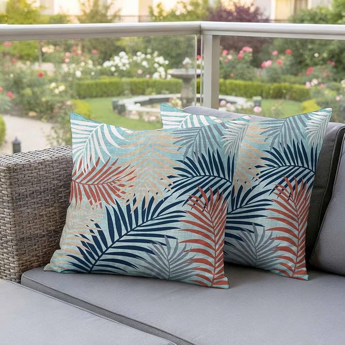Outdoor Waterproof Throw Pillow Covers, Red Blue Teal Palm Leaves Decorative Pillow Cases, Summer Botanical Tropical Leaf Couch Pillow Protector Patio Sofa Cushion Covers Replacement 18"x18" 2 Pack