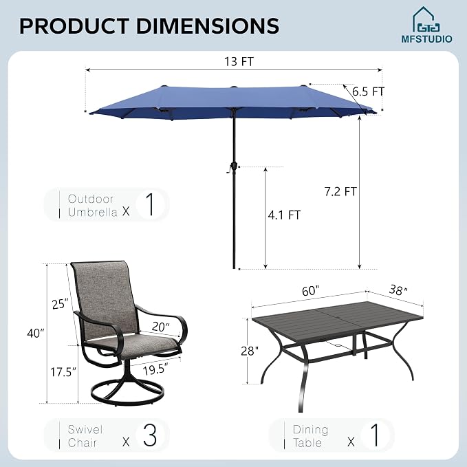 MFSTUDIO Patio Dining Set for 6, Patio Furniture Set with Blue Umbrella (Base not Included), Outdoor Table and Swivel Chairs Set for Deck, Backyard, Lawn & Garden