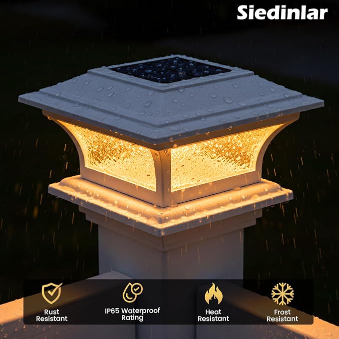 SIEDiNLAR Solar Post Lights Outdoor Glass LED Fence Cap Light 2 Modes for 4x4 5x5 6x6 Posts Patio Deck Garden Decoration Warm White/Cool White Lighting White (1 Pack)