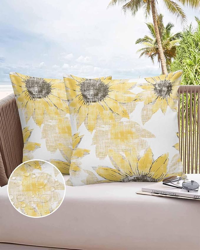 Vandarllin Outdoor Throw Pillows Covers 26x26 inch Set of 2 Waterproof Yellow Sunflower Decorative Zippered Cushion Covers for Patio Furniture, Flower Field Lumbar Pillowcases