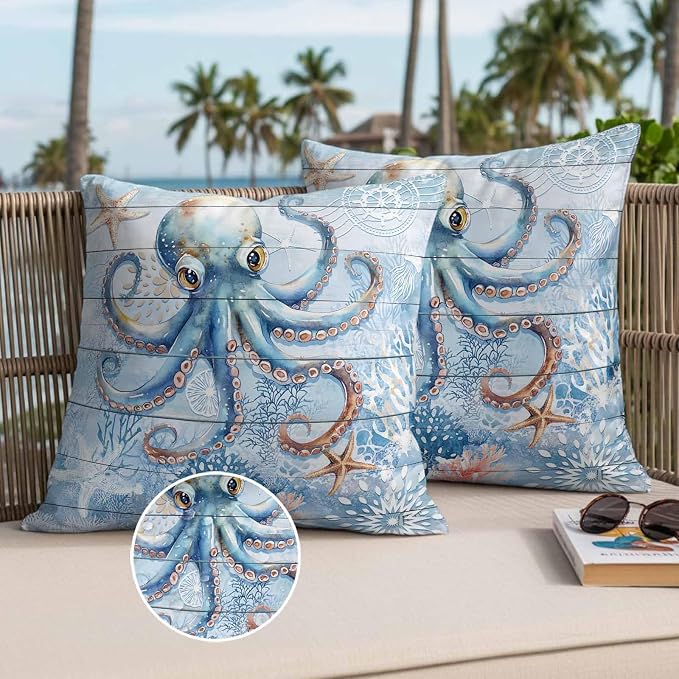 Coastal Octopus Waterproof Outdoor Pillow Covers Set of 2 Home Decor, Nautical Sea Starfish Coral Wooden Grain Pillowcase Patio Pillow Covers for Couch Bench Furniture Garden 18x18in