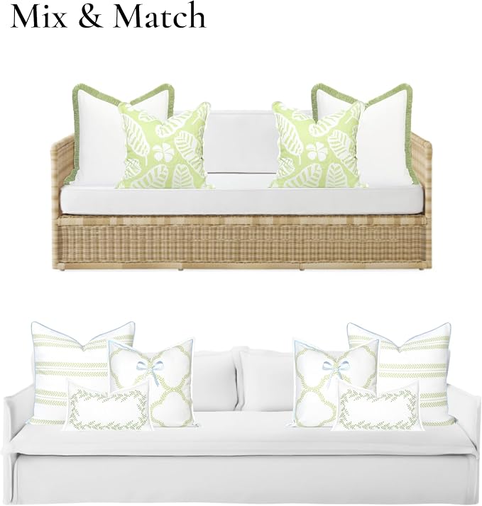 Hofdeco Premium Grandmillennial Coastal Hampton Patio Indoor Outdoor Throw Pillow Cover Only, 22"x22" Water Repellent for Backyard, Couch, Poolside, White Grass Green Solid