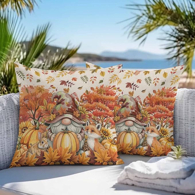 Fall Gnomes Pumpkin Outdoor Waterproof Pillow Covers, Maple Leaves Animal Country Vintage Decorative Square Throw Pillowcase Sofa Cushion Sham for Patio/Couch/Chair, 18"x18" 2 Pack