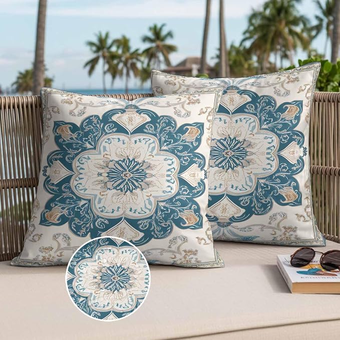 Boho Flowers Waterproof Outdoor Pillow Covers Set of 2 Home Decor, Country Neutral Chic Abstract Floral Art Pillowcase Patio Pillow Covers for Couch Bench Furniture Garden 26x26in