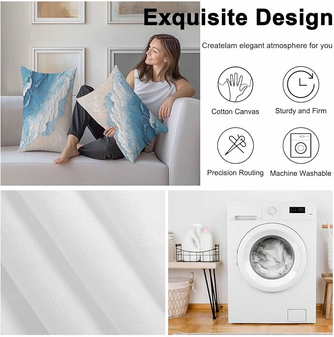Summer Beach Theme Outdoor Pillow Covers 20x12in Pack of 2 Waterproof Pillowcase Watercolor Blue Ocean Wave Decorative Throw Cushion Case for Patio Couch Sofa