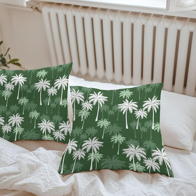 Throw Pillow Covers 24x24 Inch Set of 2, Tropical Palm Tree Waterproof Outdoor Pillow Covers, Green White Plants Coastal Leaf Beach Decorative Cushion Pillowcases for Couch, Sofa, Bed, Garden, Patio