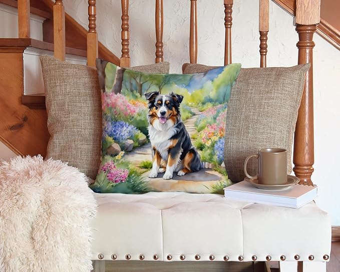 Caroline's Treasures Australian Shepherd Spring Garden Throw Pillow Machine Washable, Indoor Outdoor Decorative Pillow for Couch, Bed or Patio, 14Hx14W