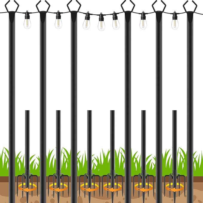 6 Pack10 FT String Light Poles,Metal with Fork Lights Poles for Outdoor String Light, Rustproof Heavy Duty for Outside Garden,Patio,Wedding,Backyard,Deck,Party