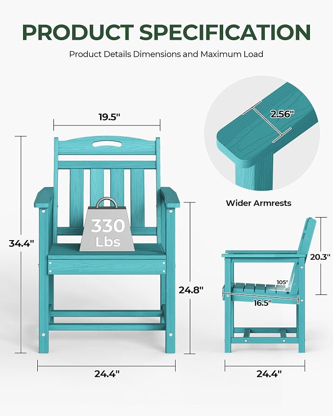 Set of 2 Weatherproof Patio Chairs - HDPE Outdoor Dining Chairs with Wide Seat, Ergonomic Design - for Garden, Backyard, Deck - Lake Blue