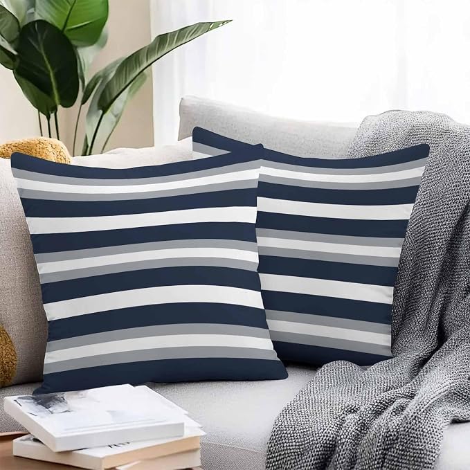 Navy Blue Grey Striped Outdoor Pillow Covers Waterproof, All Weather Cushion Case Set of 2, Farmhouse Stripes Minimalist Decorative Pillowcases for Sofa Couch Bed Decor Patio Furniture 18"x18"