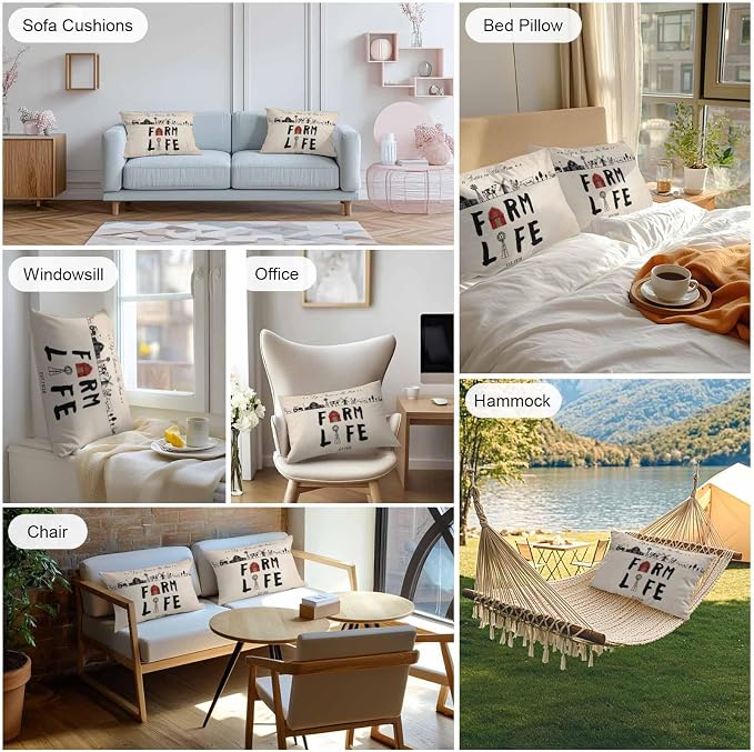 Outdoor Throw Pillows Covers 20x12 inch Set of 2 Waterproof Farm Life Decorative Zippered Cushion Covers for Patio Furniture, Retro Farmhouse Red Barn Windmill Cow Chicken Tractors Lumbar Pillowcases