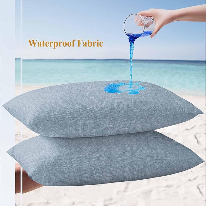 Outdoor Waterproof Throw Pillow Covers Set of 2 Sky Blue Linen Lumbar Pillowcases 20x12 Inches Farmhouse Pure Color Decorative Pillows Cushion Case Patio Pillows for Couch Bed Chair Garden
