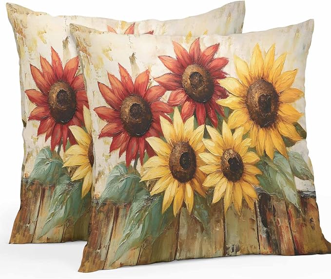 Retro Farmhouse Red Yellow Sunflower Outdoor Pillow Covers 18x18in Pack of 2 Waterproof Pillowcase Vintage Rustic Wood Floral Decorative Throw Cushion Case for Patio Couch Sofa