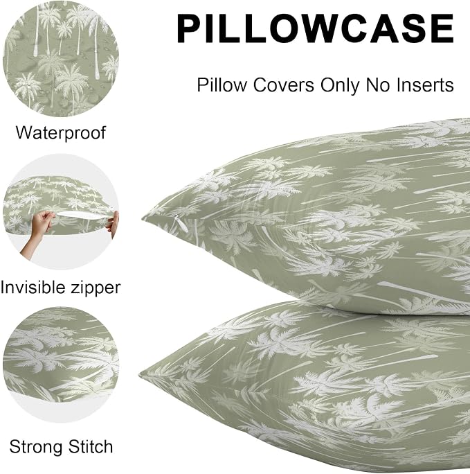 Throw Pillow Covers 26x26 Inch Set of 2, Tropical Palm Tree Waterproof Outdoor Pillow Covers, Sage Green Plants Coastal Leaf Beach Decorative Cushion Pillowcases for Couch, Sofa, Bed, Garden, Patio