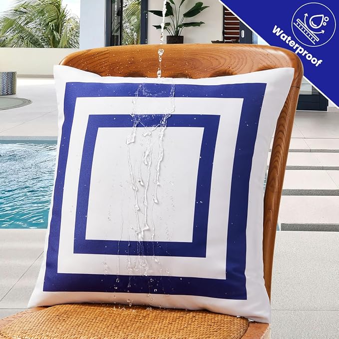 JOJOGOGO 18x18 Navy Blue Frame Outdoor Throw Pillow Covers Waterproof & Sunproof Set of 2, White and Navy Outdoor Decorative Throw Pillows for Patio Furniture Couch and Porch Decor(Without Inserts)