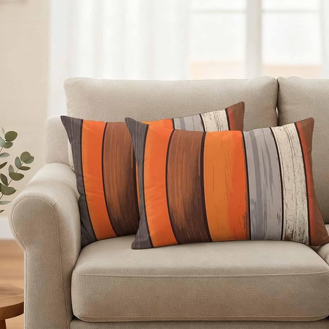JasmineM Outdoor Pillow Cover 12x20 Inches Set of 2 Orange Brown Gray Striped Waterproof Throw Pillow Covers Retro Wood Grain Decorative Pillowcases Garden Cushion Case for Patio Couch Sofa