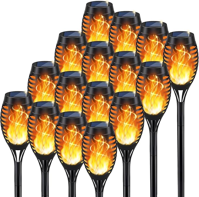 KYEKIO 16Pack Solar Torch Light with Flickering Flame for Halloween Decor | Solar Lights Outdoor for Halloween Decorations, Waterproof Solar Garden Lights, Solar Flame Lights for Pathway Yard Decor