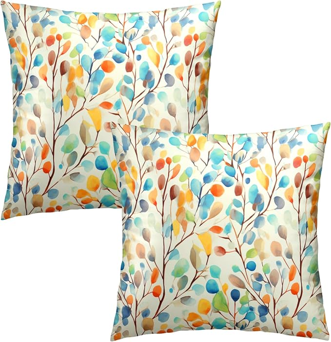 Colorful Floral Throw Pillow Covers 18x18 Set of 2 - Abstract Watercolor Botanical Leaves Square Cushion Pillowcases for Bedroom Sofa Living Room Couch Office Decor