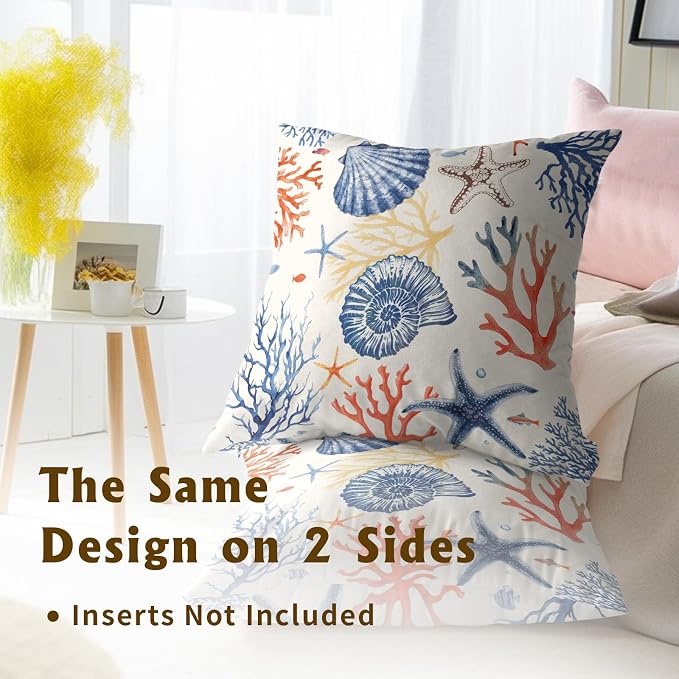 Nautical Coastal Throw Pillow Covers 22x22 Set of 2, Summer Ocean Beach Coral Decorative Pillow Cases Cotton Cushion Cover for Home Sofa Couch Wedding Anniversary Decor