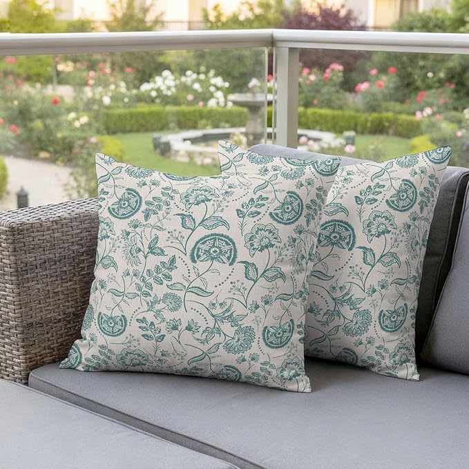 Outdoor Pillow Covers 26x26 Set of 2, Teal Green Spring Floral Waterproof Patio Throw Pillow Covers for Couch Sofa Chair, Retro Farmhouse Summer Botanical Decorative Pillowcases for Throw Pillows